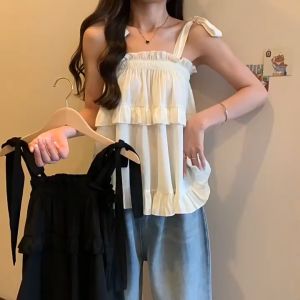 ⚡Port⚡ blouses women new style 2025 Ruffle Edge Lace-up Top Sweet Niche Bow Camisole Women Design Sense Short Off Shoulder Top