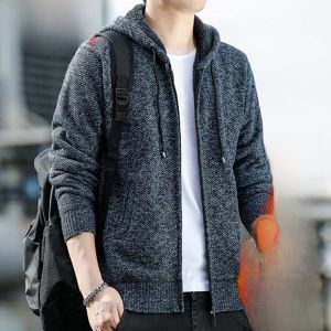HENGYUANXIANG | Áo len cardigan dày dặn có mũ trùm đầu cho nam Áo khoác ngoài mùa thu đông màu trơn thường ngày Áo len dệt kim nguyên chất Hengyuanxiang