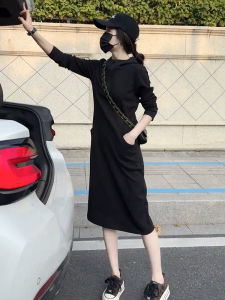 Fashionable Hooded Half-Zip Sweatshirt Dress Womens Black Long Sleeve Casual Style Spring New Arrival Slimming Midi Skirt