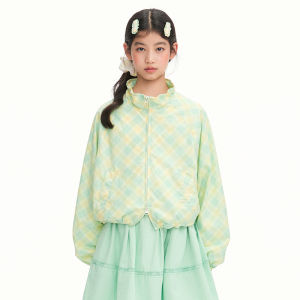LOVESASAKIDS | Color Block Plaid Flower Collar Stand Double Zipper Jacket