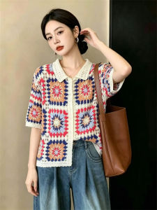 AIYITI | Color Block Hollow Collar Loose Shirt Summer Large Size