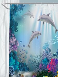 Blue Underwater Landscape Pink Cute Dolphin Coral Shower Curtain Rod Set Waterproof Mildew-Proof Quick-Drying Dirt-Resistant Bracelet Free