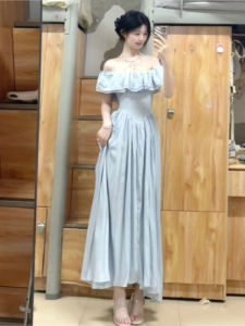 Beach Vacation Style Fairy Skirt Womens A-Line Long Dress Unique Summer Waist-Cinching Sleeveless Pure Color Shoulder Bared