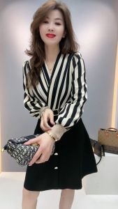 Fashionable Slim Fit V-Neck Striped Dress For Middle-Aged Women Spring 2024 New Arrival Long Sleeches Underwear Skirt
