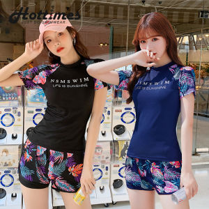 swimsuit outfit for women Conservative Two-Piece Swimwear Floral Long Sleeve Terno with Shorts Top & Skirt small size