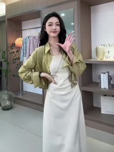 Summer 2025 Womens Commute Style Long Sleeve Sun Protection Shirt Black Strap Dress Two-Piece Set Elegant Business Casual