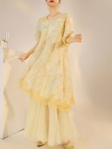 New Chinese Style Summer Lightweight Embroidered Lace Luxury Fashion Strap Dress Two-Piece Set N4001 High Waist Short Sleeve