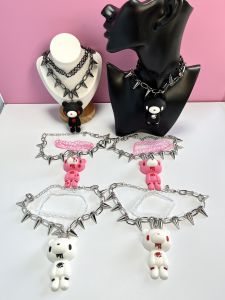 Goth Spiked Choker Necklace for Women E-Girl Y2K Jewelry Pink Black White Gloomy Bear Pendant Grunge Aesthetic Emo Drop Shipping