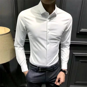 Mens Slim Fit Long Sleeve Shirt Business Casual Pure Color Suit Short Sleeve Autumn Anti-Wrinkle Mens Western Style Shirt