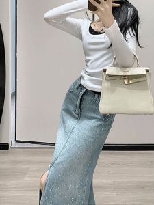 ฤดูร้อน 2024 สูง เอว พรางหุ่น สั้น พลัสไซส์ ความยาวปานกลาง ผ่าชาย เดนิม ครึ่งความยาว กระโปรงทรงเอ ผู้หญิง ประดับเพชร กระโปรง