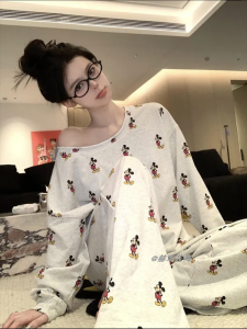 Spring Autumn Sweet Cartoon Shoulder Bared Long Sleeve Sleepwear Womens Loose plus Size Casual Home Clothes Set