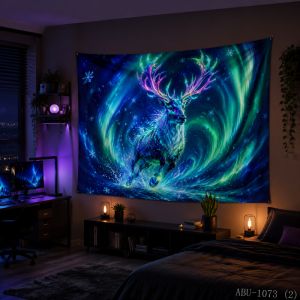 VIKAMA Neon Xanh Tím Aurora Tuần Lộc Nhảy Bông Tuyết Rừng Mùa Đông Giáng Sinh Tấm Thảm Trang Trí Treo Tường Cho Phòng Ngủ Phòng Khách Ký Túc Xá