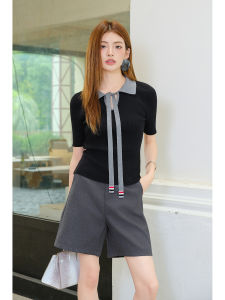 Collegiate Style Polo Shirt Tie Silk Close Fitting Contrast Collar Knitwear