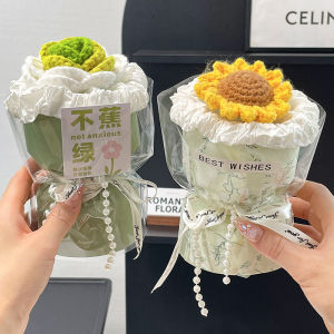 Handwoven Sunflower Bouquet Creative Birthday Gift for Women Teachers Day Present Wool Yarn Small Rose Bouquet Craft Gift