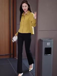Slimming Fashionable Long Sleeve Shirt Womens Early Autumn New Style Thin Shirt Polo Collar Button Detail Regular Fit Shirt