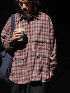 เสื้อเชิ้ตคอแหลมลายสก็อตสีแดง NOEARS สไตล์ญี่ปุ่น ผ้า TR หนา ไม่ต้องรีด แขนยาว ทรงหลวม สำหรับผู้ชาย