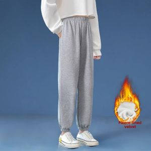 Girls Fleece Lined Loose Casual Sports Pants Spring Autumn Winter Childrens Elastic Waist Cotton Trousers for Ages 3-14