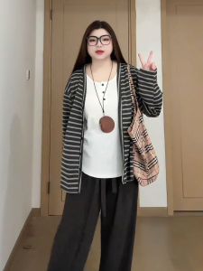 plus Size Womens Korean Style V-Neck Long Sleeve Striped Open Cardigan Jacket with Camisole Top Autumn Wear Two-Piece Set