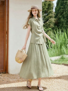 XIANGYING | Summer New Arrival Hemp Linen Casual Shirt and Skirt 3-piece Set