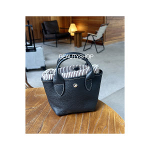 Top Layer Cowhide Mini Bucket Bag Grainy Lychee Pattern Genuine Leather Small Crossbody Bag Contrast Color Garden Handbag