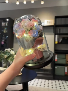 Christmas Gift Birthday Eternal Flower Dried Flower High-end Ornament for Girlfriend Wife Rose Glass Dome Artificial Bouquet