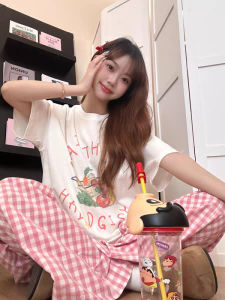 Summer Pure Cotton Short Sleeve Plaid Pants Womens Sleepwear Casual Sweet Style Home Clothes Outdoor Wearable INS Trend