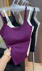 Summer 2024 Womens Ice Silk Seamless Strap Vest Integrated V-neck Simple Back Outerwear Top Fashion Versatile Solid Color