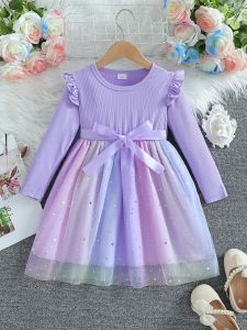 Girls Long Sleeved Bow Dress 2-8Y Fashion Thin Childrens Starry Sky Sequin Mesh Dress Spring Autumn Kids Clothing