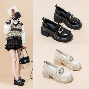 Spring 2025 Heel Heightening 9CM British Style Thick Bottom Wide Heel Slip-On Womens Shoes Small Size Leather Fashion Single Shoes