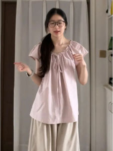 YUEZHONGWEI | French Sweet Pink Short Sleeve Loose Midi Shirt Women Summer Design Unique Bellsleeve Top Korean Style Commute Fashion