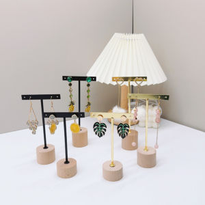 T Bar Earring Display Stand With Wooden Base Jewelry Holders Hanging Jewelry Organizer For Photography Props Iron jewelry rack