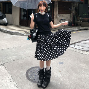 YIFANSHI | School Style Black Polka Dot Summer New Sweet Loose Slim A-line Mini Skirt