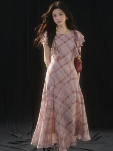 French Checkered High Waist Tea Length Dress with Ruffle Hem Short Sleeve