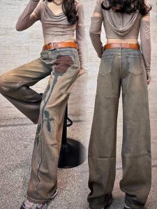 Retro Slimming High Waist Denim Jeans Womens Autumn Rose Embroidery Wide Leg Straight Cut Pants Anti-Bacterial Deep Color
