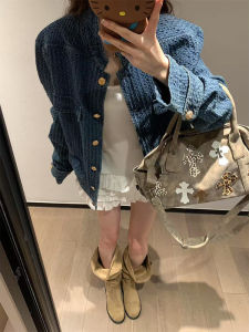 Luxurious Denim Style Jacket Womens Spring Autumn Loose Texture Stand Collar Blue Jacke Versatile Elegant Top Trendy