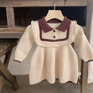 ali9 Baby Sweater Baby Girl Cute Doll Collar Woolen Skirt 2024 Spring New Baby Sweet Knitted Dress