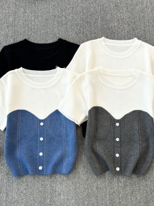 Summer 2026 New Korean Design Short Sleeve T-Shirt Color Block Fake Two-Piece Short Knitted Top Womens Commute Style Fashion