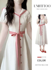 unifittoo | French Style White Age-defying Waist-cinched Summer Dress Womens Beach Vacation Elegant Long Dress Cotton Short Sleeve V-neck