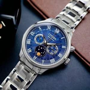 ĐỒNG HỒ NAM CHÍNH HÃNG Citizen AP1050-81L Eco-Drive Moon Phase Blue Dial Sapphire Silver Stainless Steel For Men