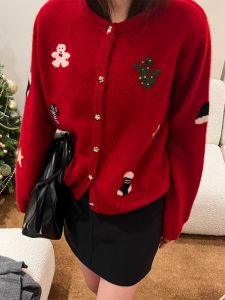 เสื้อคาร์ดิแกนถักผ้าขนสัตว์หนาสีแดงสำหรับผู้หญิงในฤดูหนาว เสื้อคลุมกันหนาวแบบสวมหัว แขนยาว ปกติ 100% สินค้าใหม่ 2023