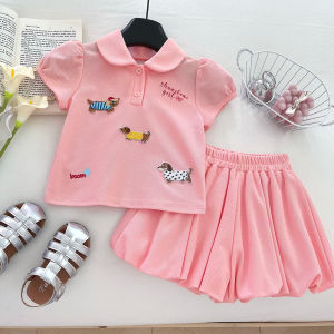 Girls Polo Shirt and Shorts Set Cute Cartoon Dog Design