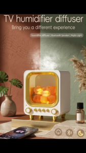Retro TV Flame Air Humidifier Diffuser with Bluetooth Speaker Night Light Ultrasonic Cool Mist Maker