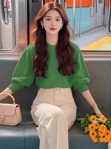 Early Autumn Green Bubble Style Long Sleeves Sweater Knitwear Female 2024 New Arrival Korean Style Atmosphere Lazy Style Top