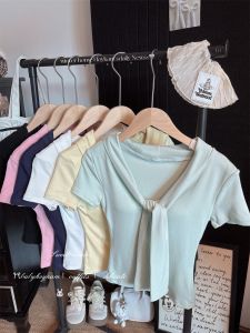 Áo Thun Nữ Cổ Chữ V Thắt Lưng Ôm Vừa Vặn Màu Trơn Đa Năng Có Đệm Ngực Thường Ngày Mùa Hè 2025 Cotton Polyester