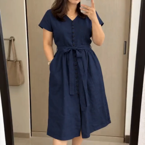 ADA BUTTON DOWN MIDI DRESS FOR WOMEN | SHORT SLEEVE A-LINE DRESS WITH WAIST TIE & POCKETS | CASUAL ELEGANT EVERYDAY DRESS OUTFIT
