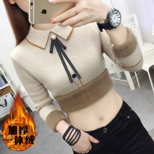 เสื้อสเวตเตอร์คอปกตุ๊กตาบุขนแกะหนาสำหรับผู้หญิง เสื้อชั้นในแบบสวมหัวแขนยาว ทรงปกติ ความยาวปกติ สวมใส่สบาย