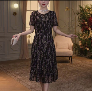 New 2024 Taiwanese Floral Print Slimming Dress Chinese Style Mid-aged And Elderly Fashionable Midi Skirt Polyester Fiber Short Sleeve