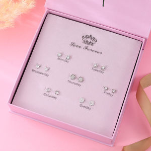 S925 Silver Needle Ear Studs Gift Box Set of Seven for a Week Elegant Female Friend Jewelry Gift for Girlfriend Or Bestie