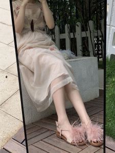 Summer Vacation Style Fluffy Flat Bottom Sandals Womens Open Toe Roman Style Sweet Glue Adhesive Shoes Low Heel Rubber Outsole