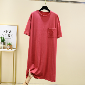 Pajamas Womens Summer Pure Cotton Dress Loose Nightdress Thin Plus Size Round Tie Pocket over the Knee Home Wear Long Skirt